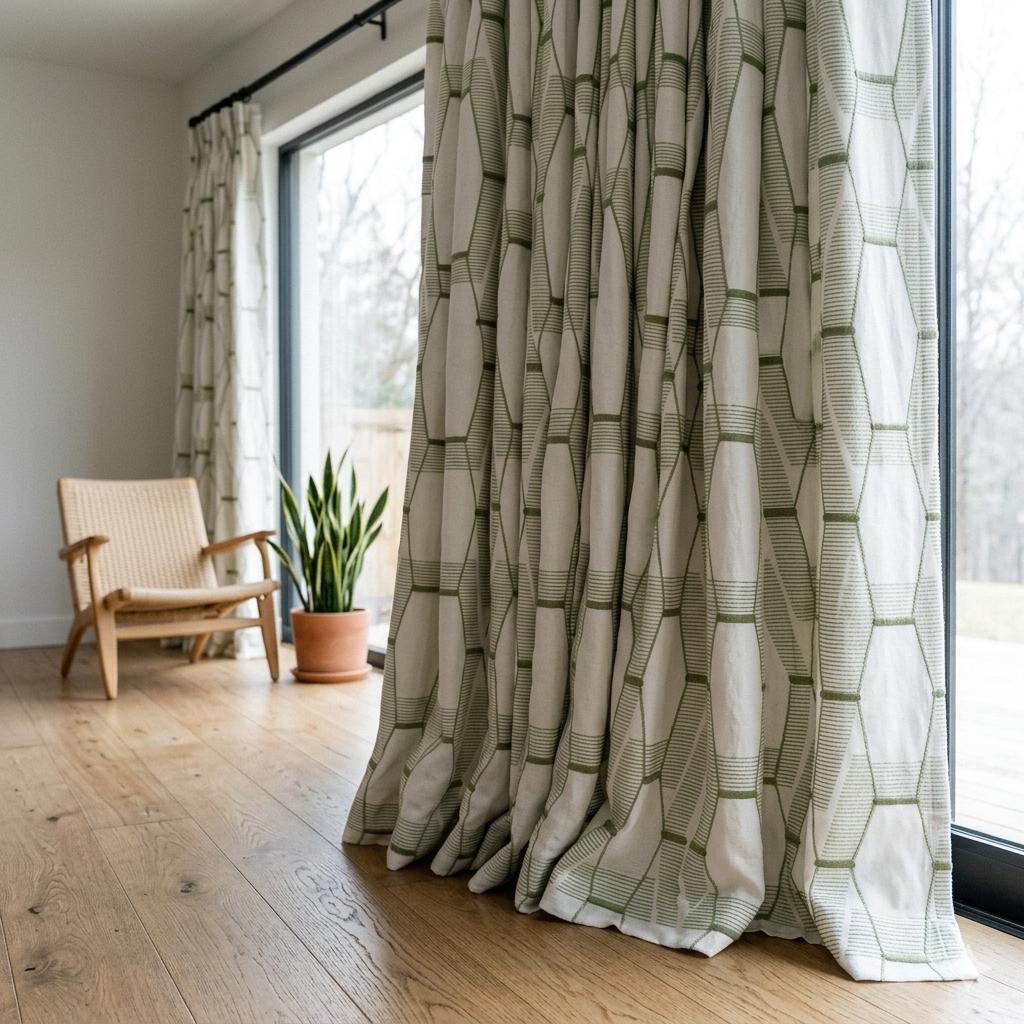 Sage Olive Green Geometric Embroidered Linen Curtains, Ivory 300 GSM Custom Drapes — image 9