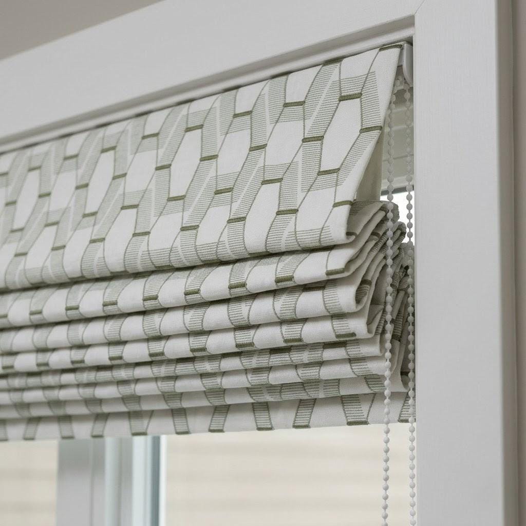 Sage Olive Green Geometric Embroidered Linen Roman Shade, Custom Corded Window Blind — image 3
