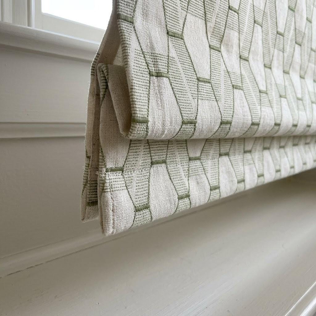 Sage Olive Green Geometric Embroidered Linen Roman Shade, Custom Corded Window Blind — image 5