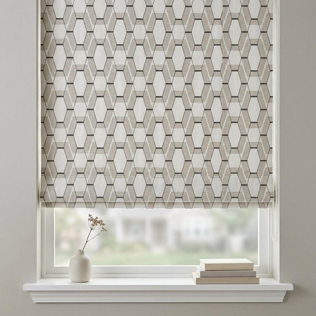 Embroidered Linen Roman Shade, Geometric Pattern, Ivory Taupe Charcoal, Custom Window Blind — image 1