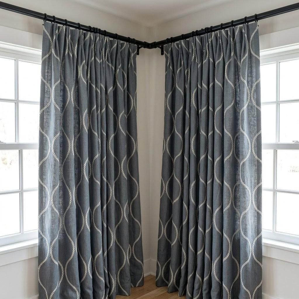 Slate Blue Grey Linen Embroidered Curtains, Ivory Ogee Trellis Drapes — image 5