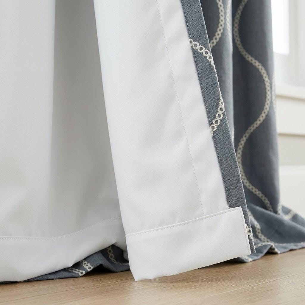 Slate Blue Grey Linen Embroidered Curtains, Ivory Ogee Trellis Drapes — image 9