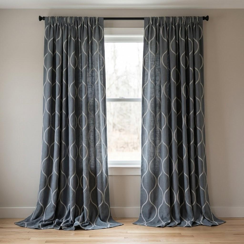 Slate Blue Grey Linen Embroidered Curtains, Ivory Ogee Trellis Drapes — image 7