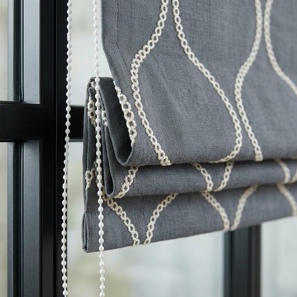 Custom Ash Grey Linen Roman Blind, Cream Ogee Trellis Embroidery, Light Filtering (Blackout Option) — image 4