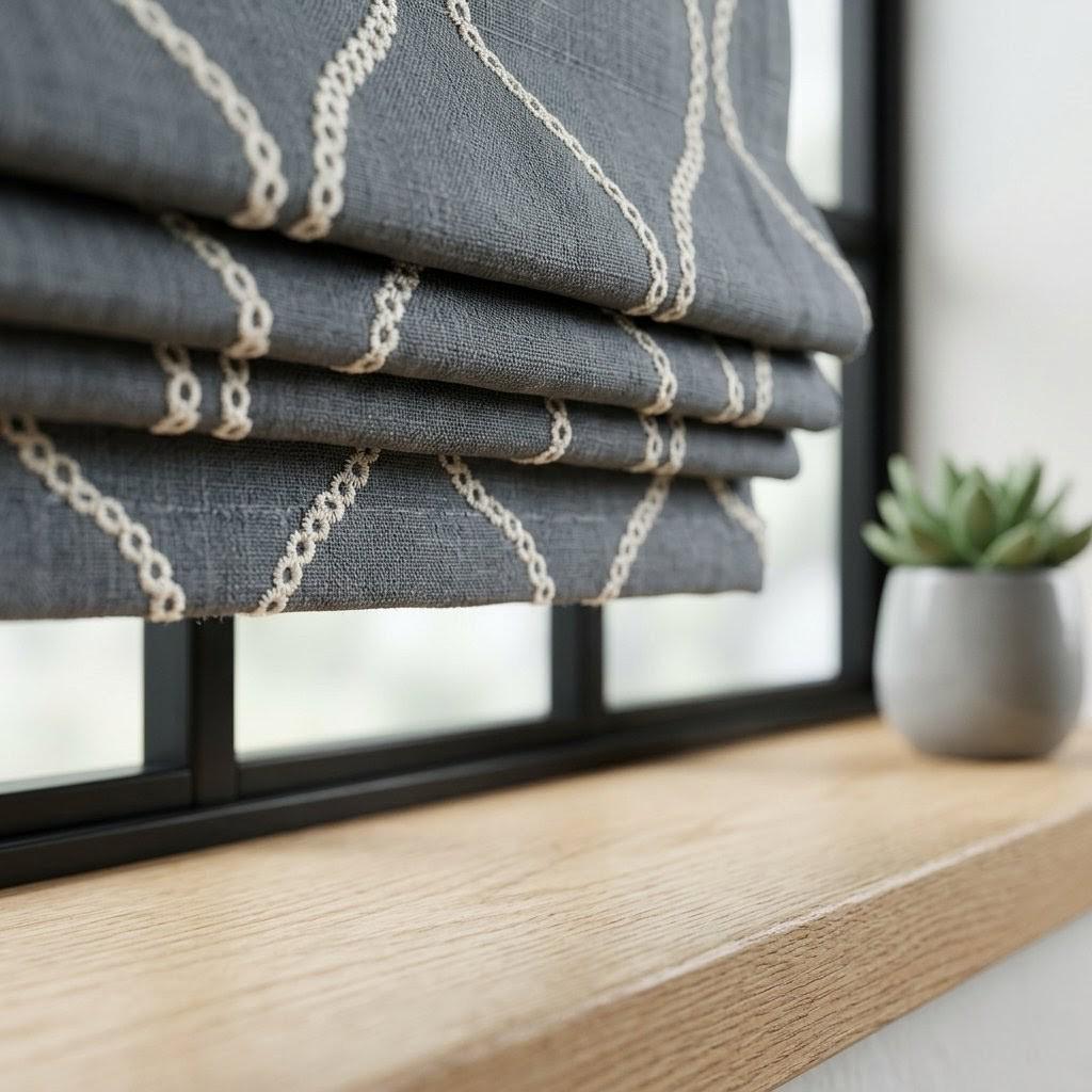 Custom Ash Grey Linen Roman Blind, Cream Ogee Trellis Embroidery, Light Filtering (Blackout Option) — image 7