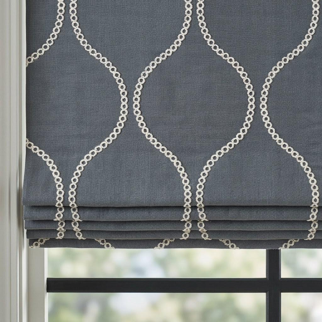 Custom Ash Grey Linen Roman Blind, Cream Ogee Trellis Embroidery, Light Filtering (Blackout Option) — image 3