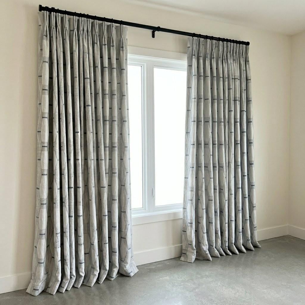 White Linen Geometric Embroidered Curtains, Grey Blue Drapes, Modern Neutral Panels — image 3