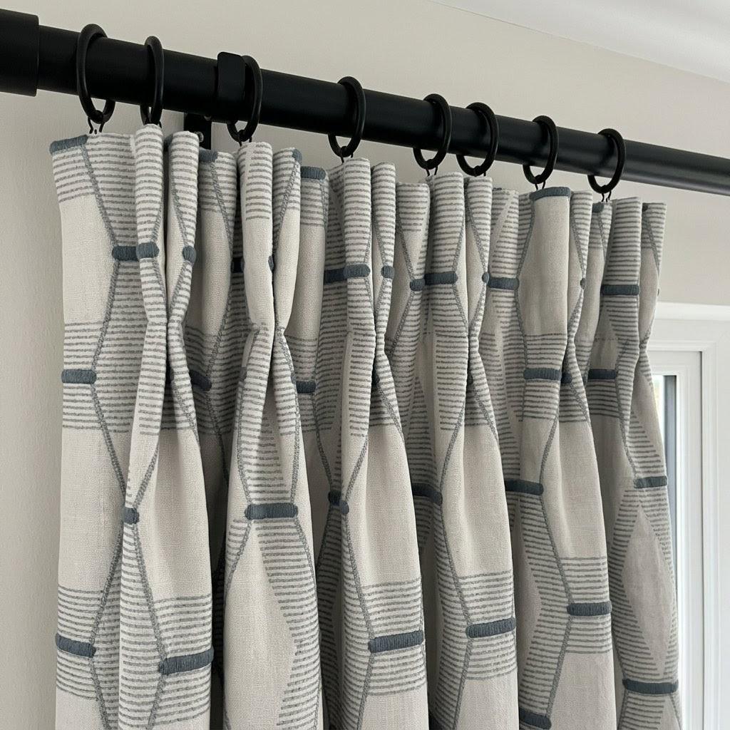White Linen Geometric Embroidered Curtains, Grey Blue Drapes, Modern Neutral Panels — image 5