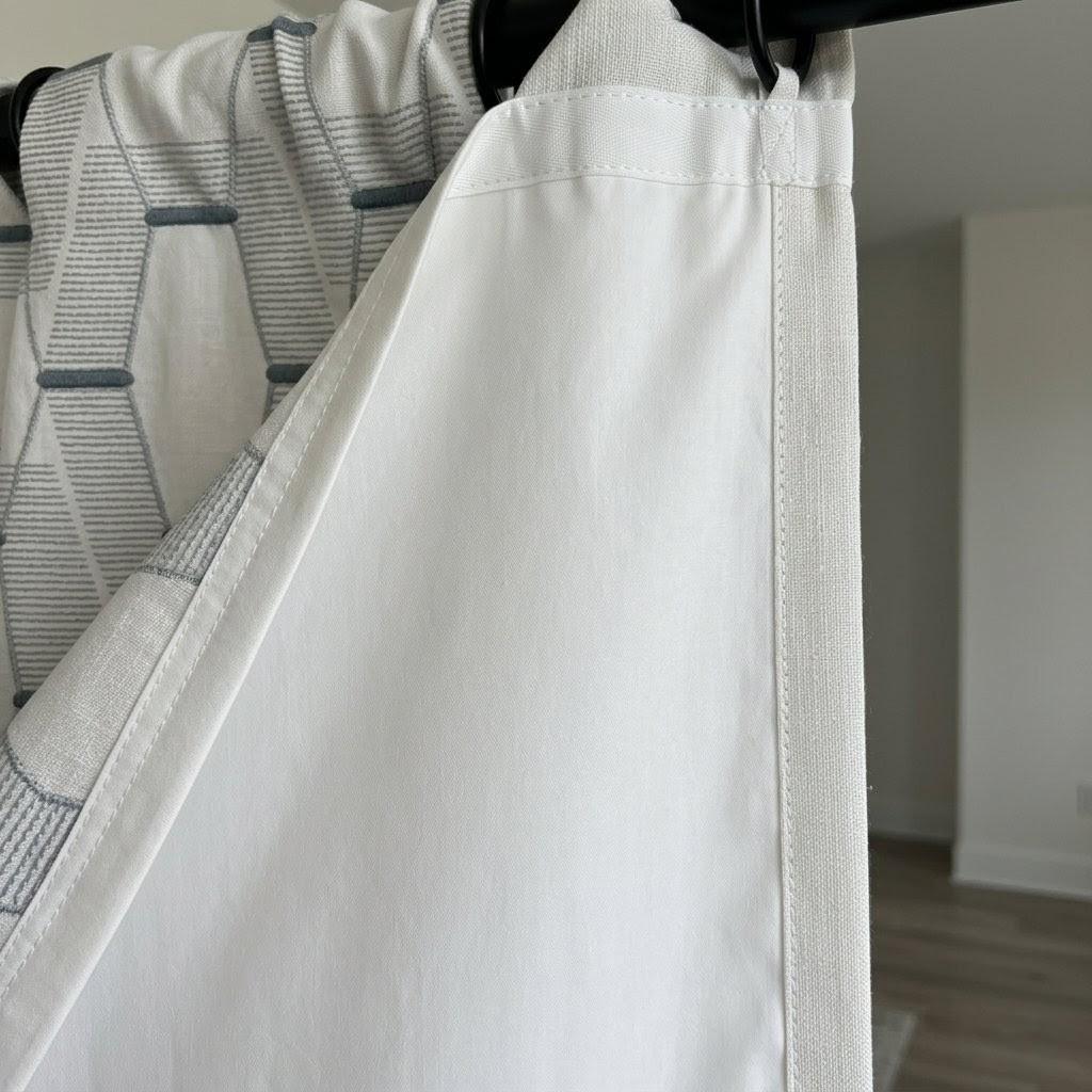 White Linen Geometric Embroidered Curtains, Grey Blue Drapes, Modern Neutral Panels — image 7