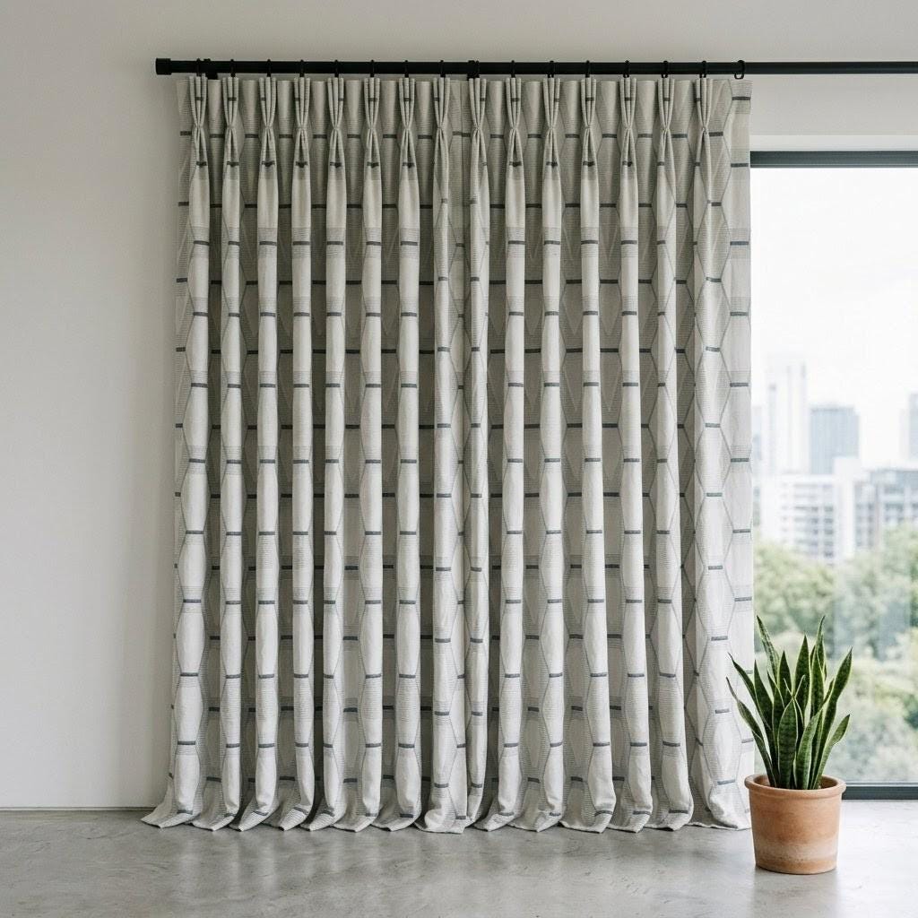 White Linen Geometric Embroidered Curtains, Grey Blue Drapes, Modern Neutral Panels — image 9