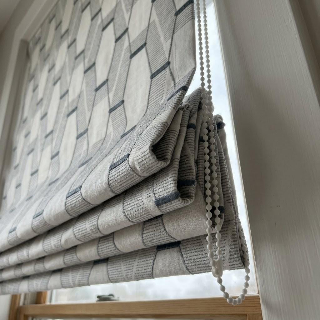 Embroidered Linen Roman Shade, Geometric Pattern, Ivory Blue Grey Custom Window Blind — image 5