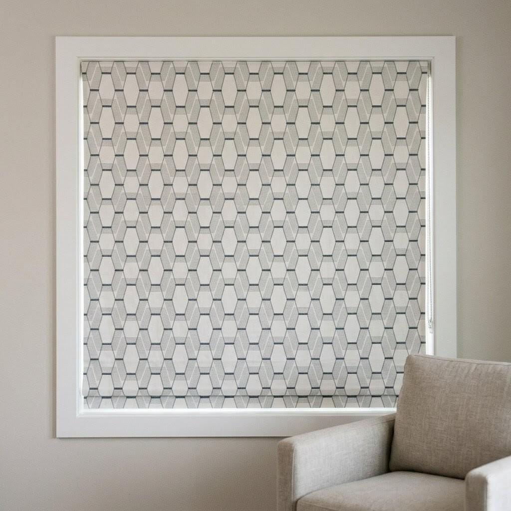 Embroidered Linen Roman Shade, Geometric Pattern, Ivory Blue Grey Custom Window Blind — image 7