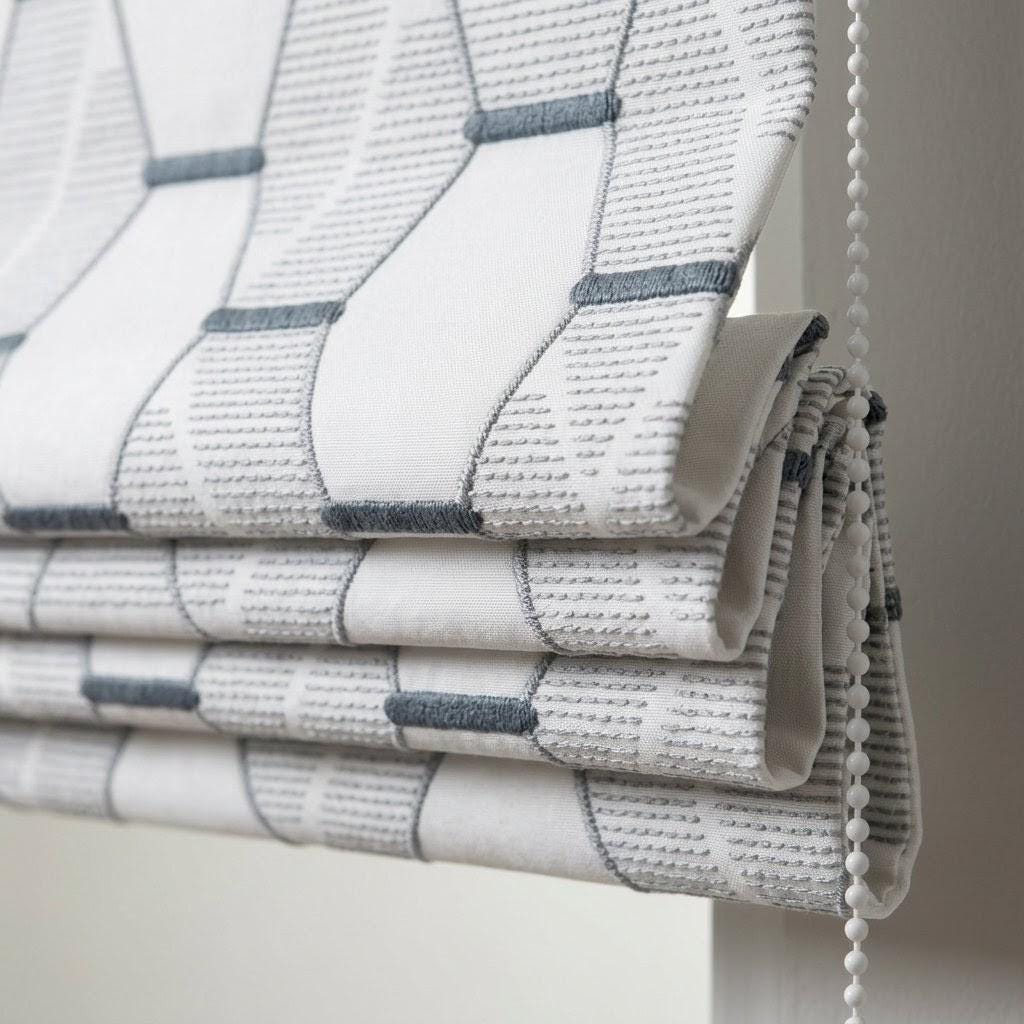 Embroidered Linen Roman Shade, Geometric Pattern, Ivory Blue Grey Custom Window Blind — image 1