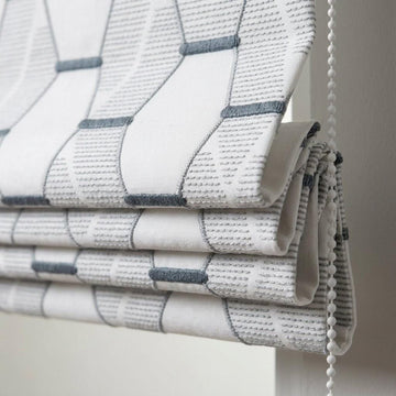 Embroidered Linen Roman Shade, Geometric Pattern, Ivory Blue Grey Custom Window Blind — image 1