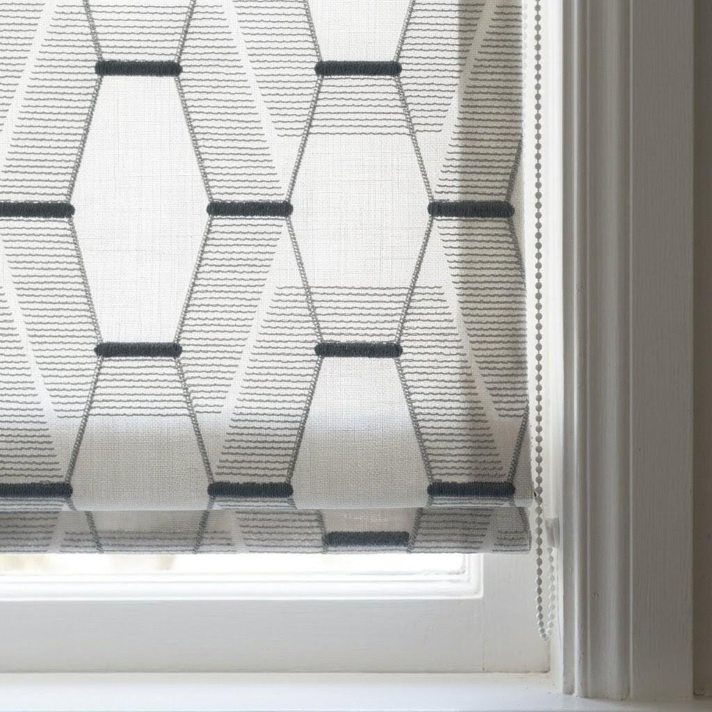 Embroidered Linen Roman Shade, Geometric Pattern, Ivory Blue Grey Custom Window Blind — image 9