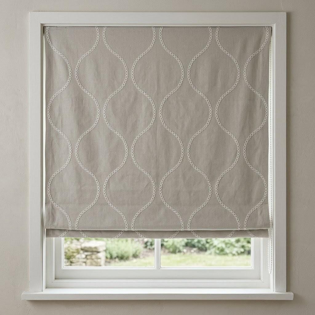 Taupe Linen Roman Blind, White Ogee Trellis, Custom Corded Shade (Light Filtering or Blackout) — image 1