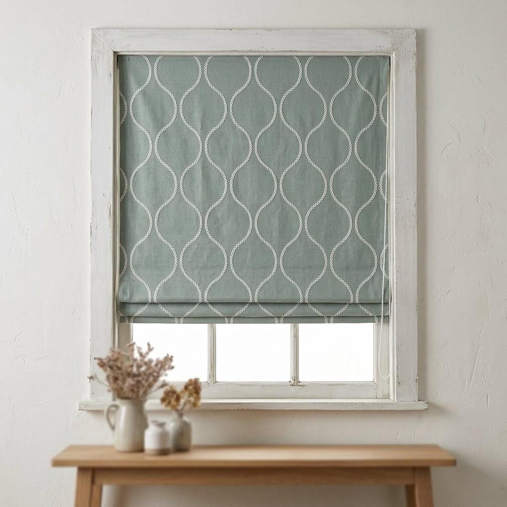 Sage Green Linen Roman Blind, White Ogee Trellis, Custom Shade (Light Filtering or Blackout) — image 1