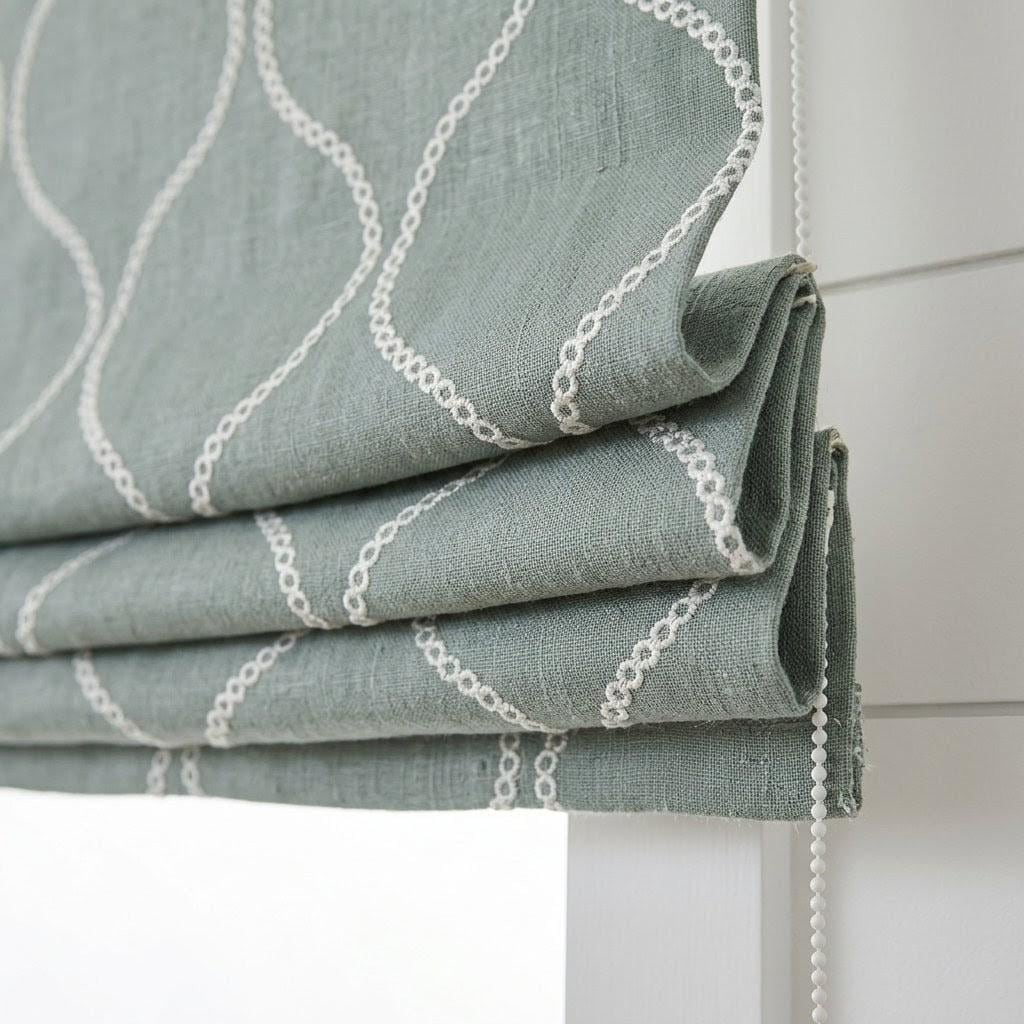 Sage Green Linen Roman Blind, White Ogee Trellis, Custom Shade (Light Filtering or Blackout) — image 1