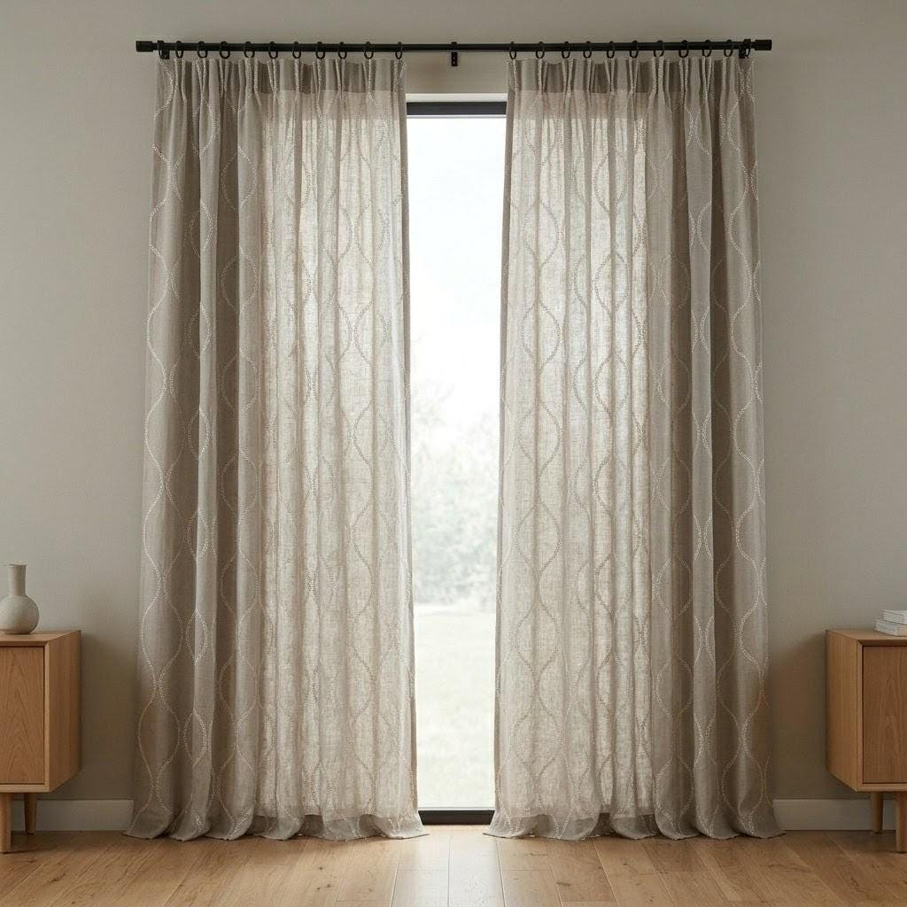 Stone Greige Linen Embroidered Curtains, Ivory Ogee Trellis Drapes (Semi Sheer or Blackout) — image 4
