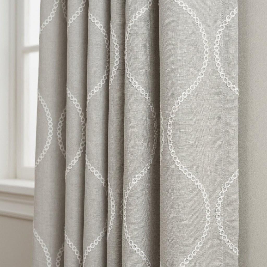 Stone Greige Linen Embroidered Curtains, Ivory Ogee Trellis Drapes (Semi Sheer or Blackout) — image 1