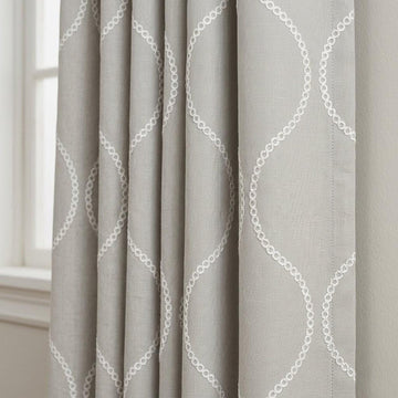Stone Greige Linen Embroidered Curtains, Ivory Ogee Trellis Drapes (Semi Sheer or Blackout) — image 1