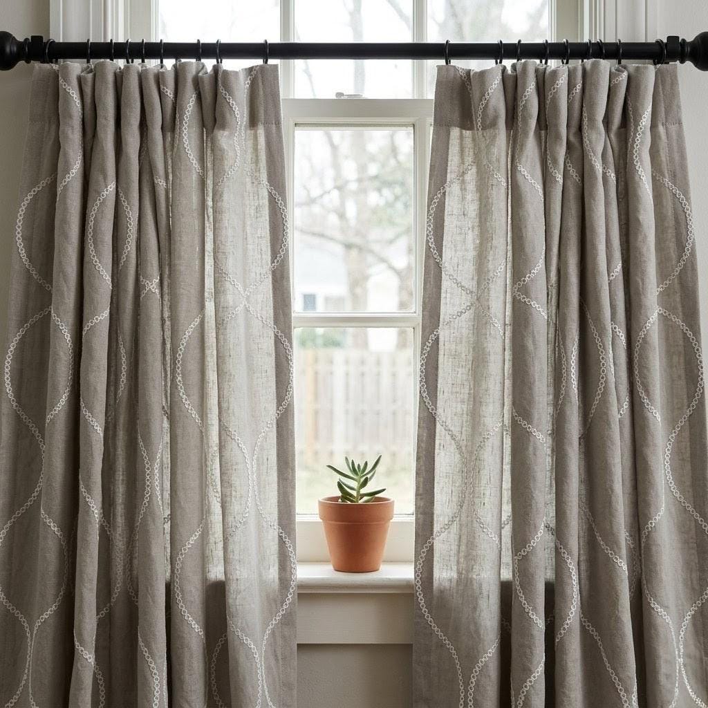 Stone Greige Linen Embroidered Curtains, Ivory Ogee Trellis Drapes (Semi Sheer or Blackout) — image 7