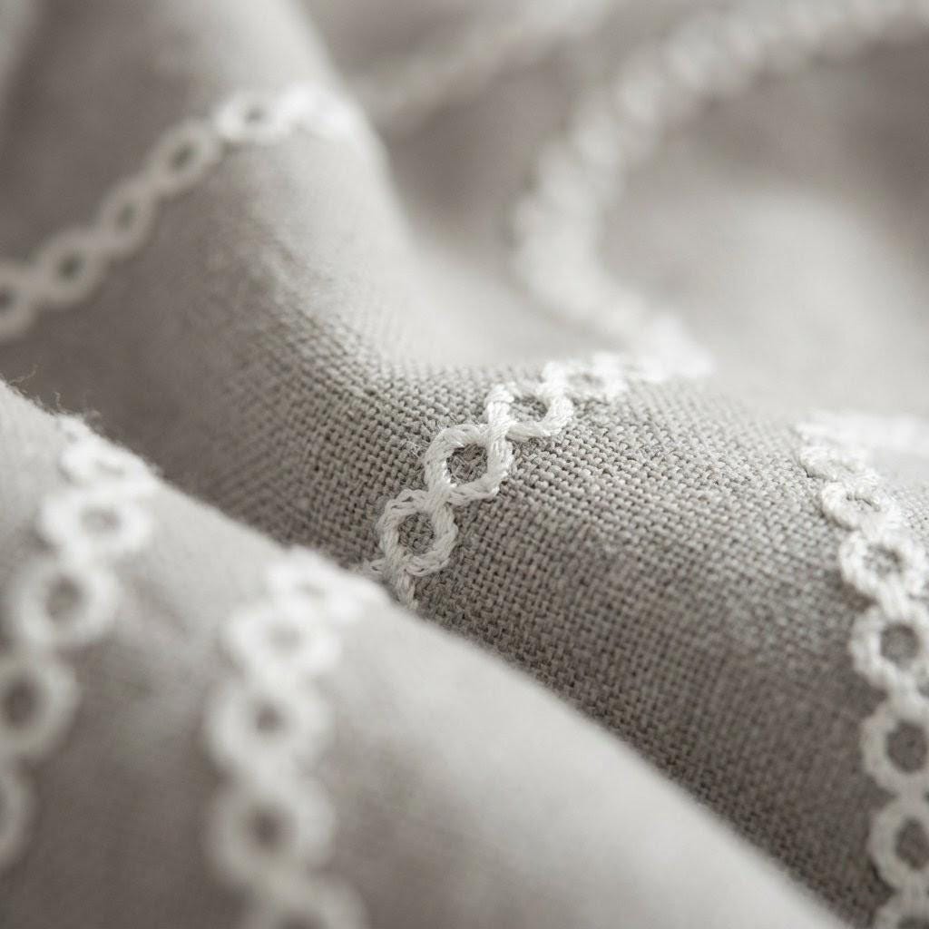 Stone Greige Linen Embroidered Curtains, Ivory Ogee Trellis Drapes (Semi Sheer or Blackout) — image 10