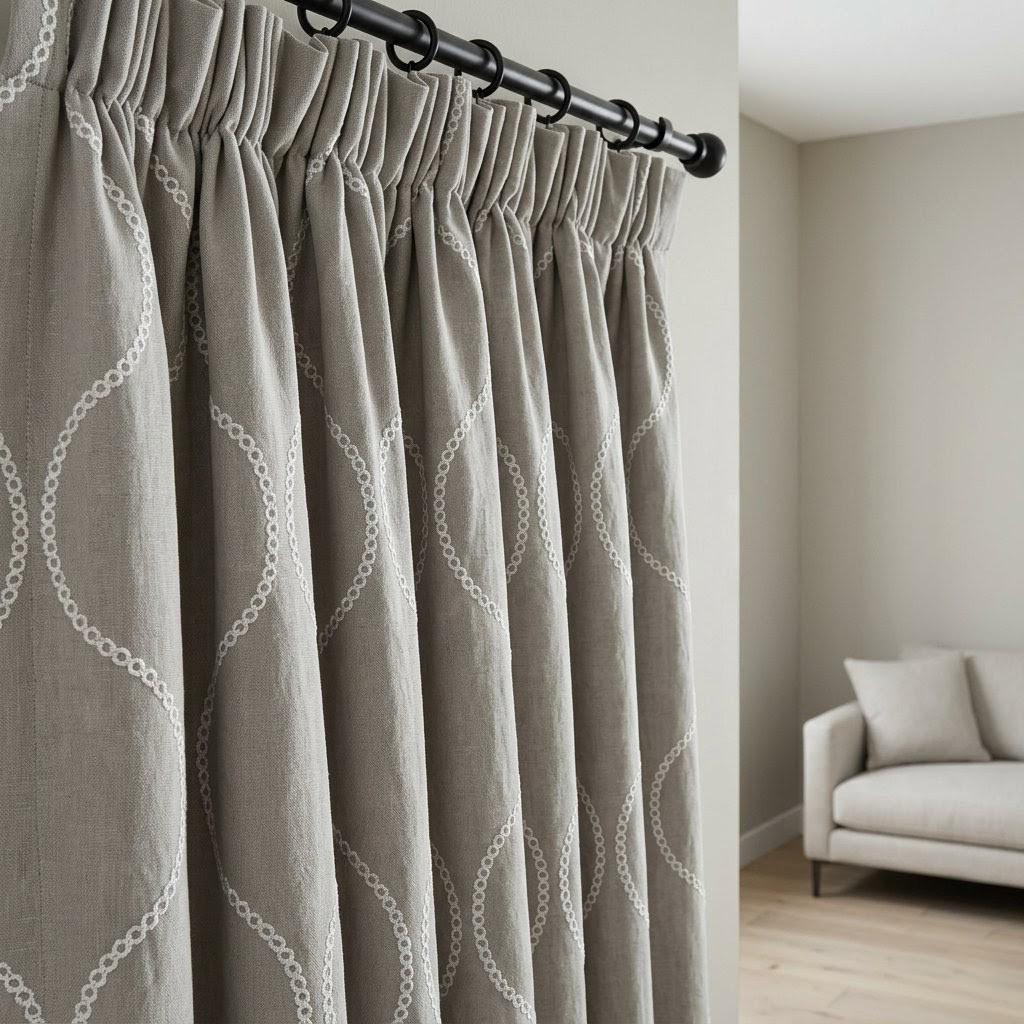 Stone Greige Linen Embroidered Curtains, Ivory Ogee Trellis Drapes (Semi Sheer or Blackout) — image 5