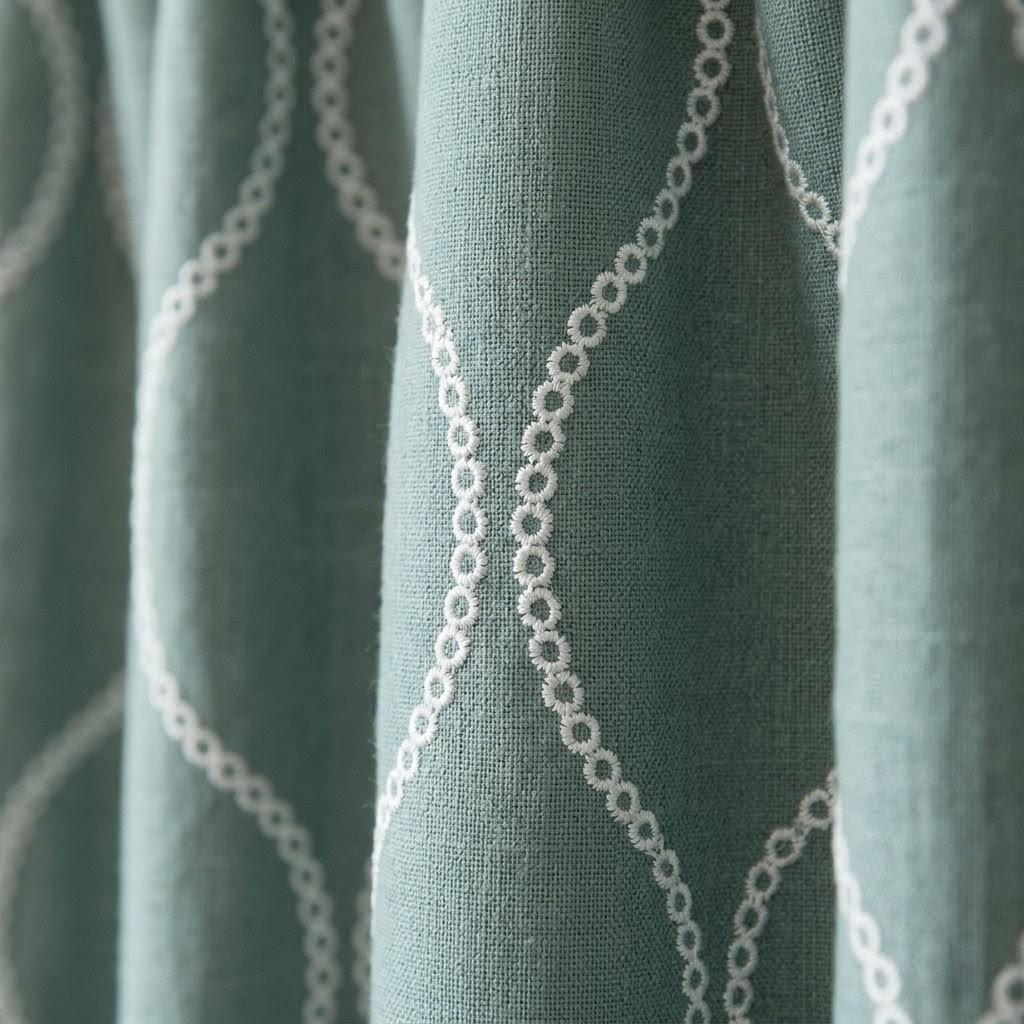 Sage Green Linen Embroidered Curtains, Ivory Ogee Trellis Drapes (Semi Sheer or Blackout) — image 6