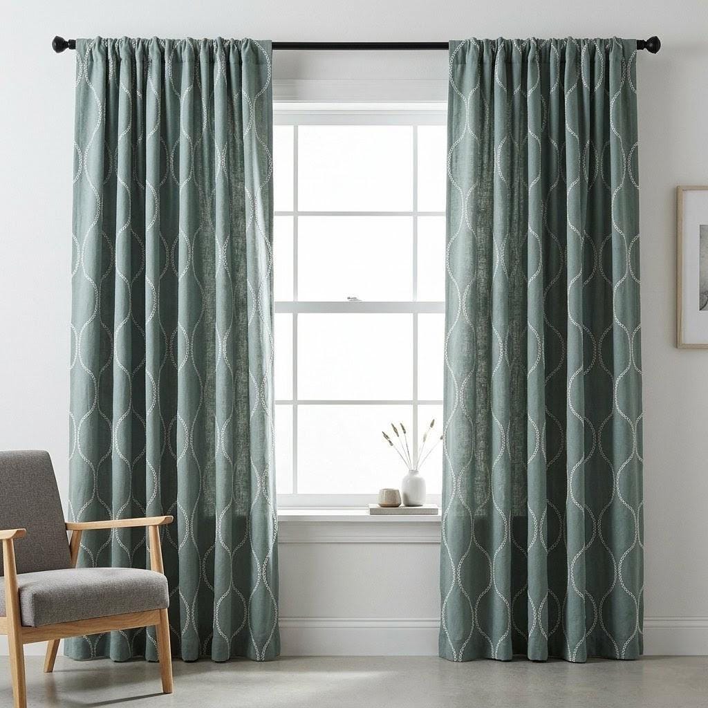 Sage Green Linen Embroidered Curtains, Ivory Ogee Trellis Drapes (Semi Sheer or Blackout) — image 5
