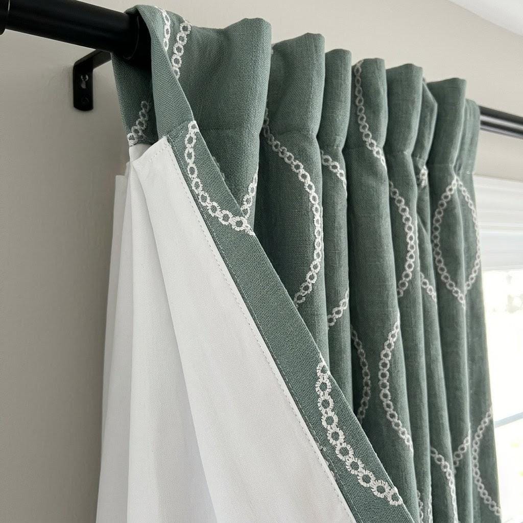 Sage Green Linen Embroidered Curtains, Ivory Ogee Trellis Drapes (Semi Sheer or Blackout) — image 8