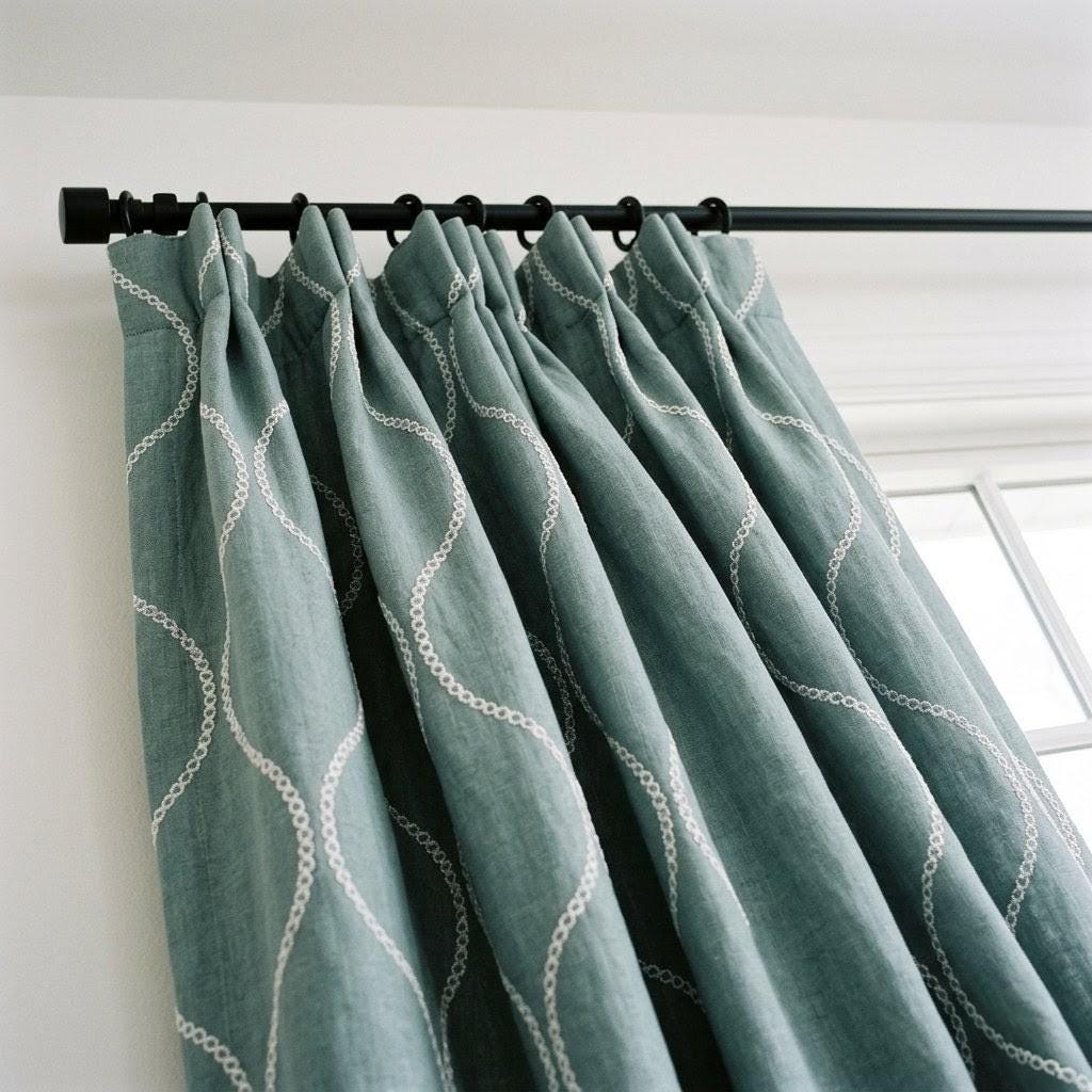 Sage Green Linen Embroidered Curtains, Ivory Ogee Trellis Drapes (Semi Sheer or Blackout) — image 4