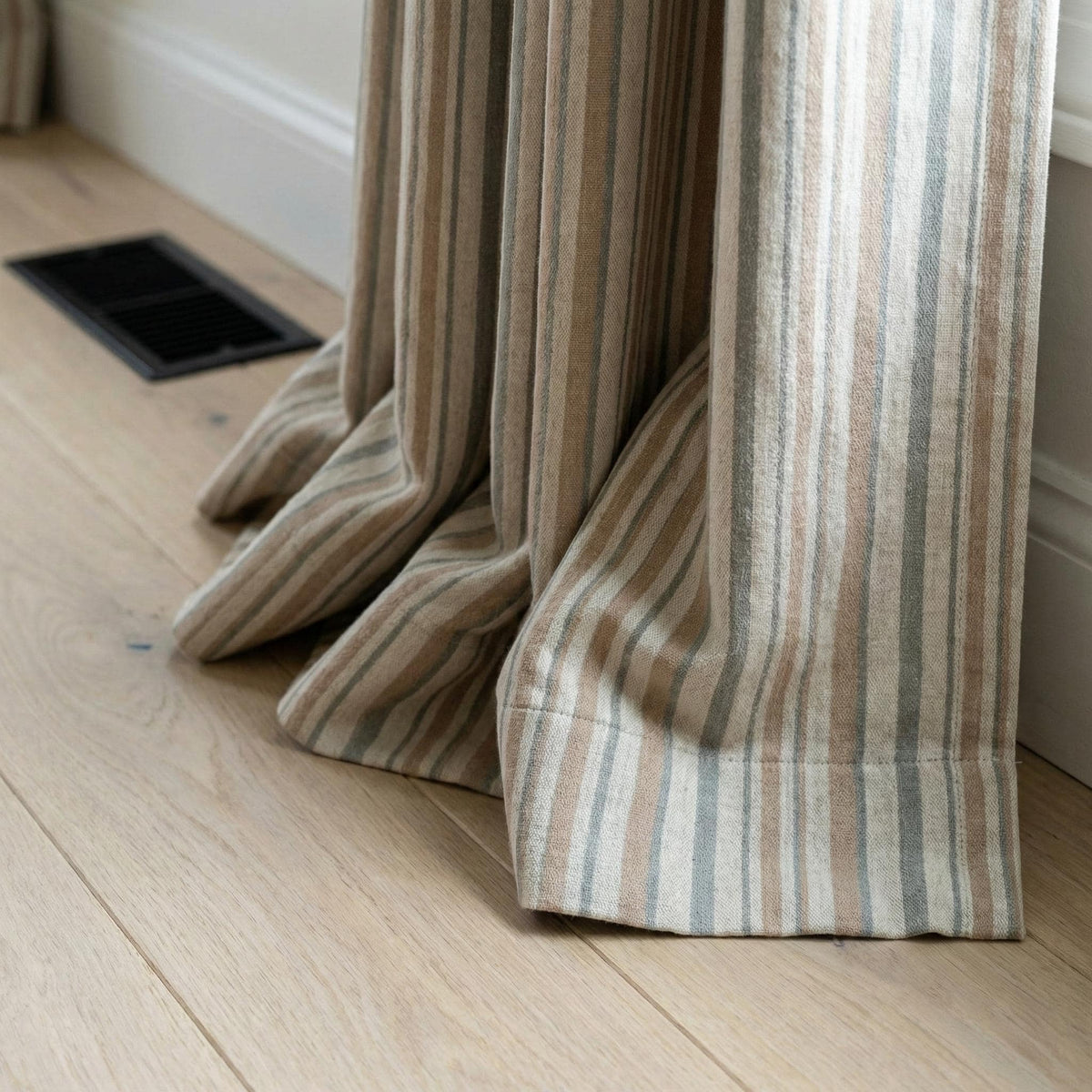 Ivory Sage Green Beige Pure Linen Curtains, Printed Ticking Stripe Farmhouse Drapes, Custom Blackout or Light Filtering Panels — image 3