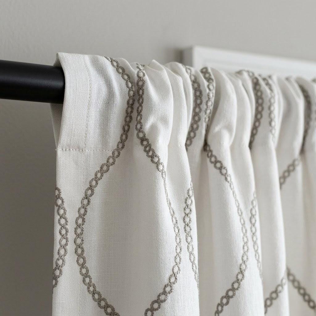 Ivory Linen Embroidered Curtains, Taupe Ogee Trellis Drapes, Custom Panels — image 4