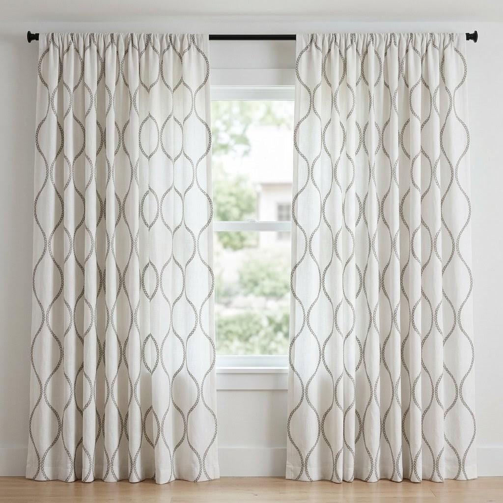 Ivory Linen Embroidered Curtains, Taupe Ogee Trellis Drapes, Custom Panels — image 6
