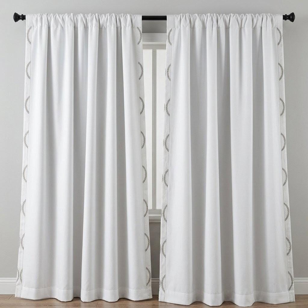 Ivory Linen Embroidered Curtains, Taupe Ogee Trellis Drapes, Custom Panels — image 9