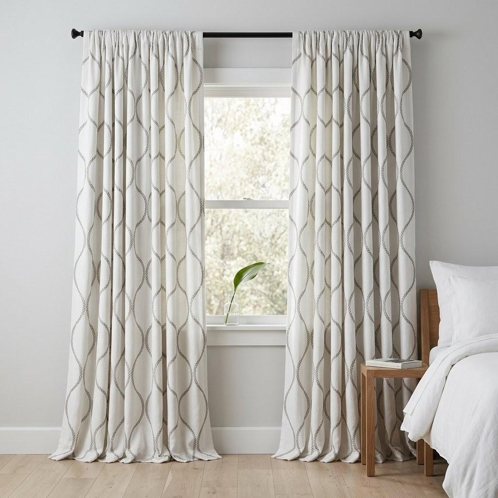 Ivory Linen Embroidered Curtains, Taupe Ogee Trellis Drapes, Custom Panels — image 8
