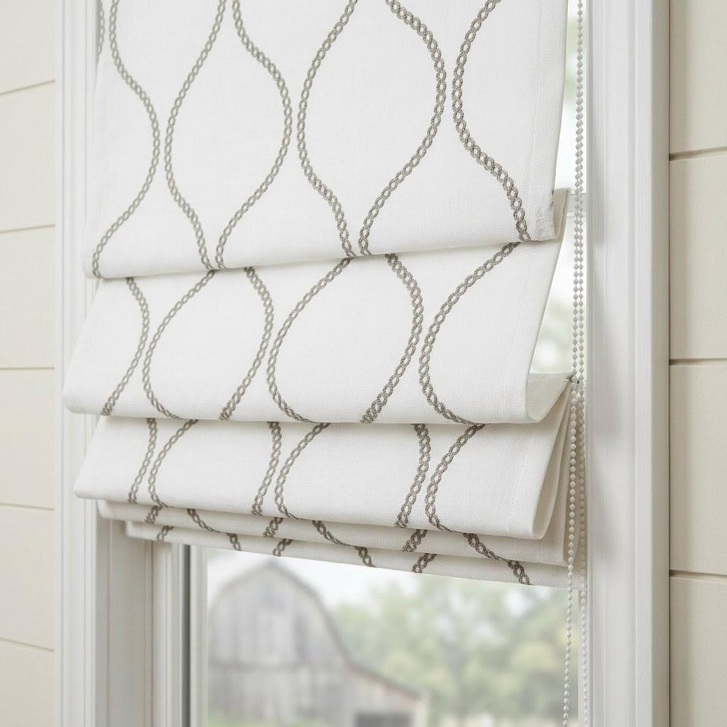Ivory Linen Roman Shade, Taupe Embroidered Ogee Blind, Custom Corded Window Shade — image 6