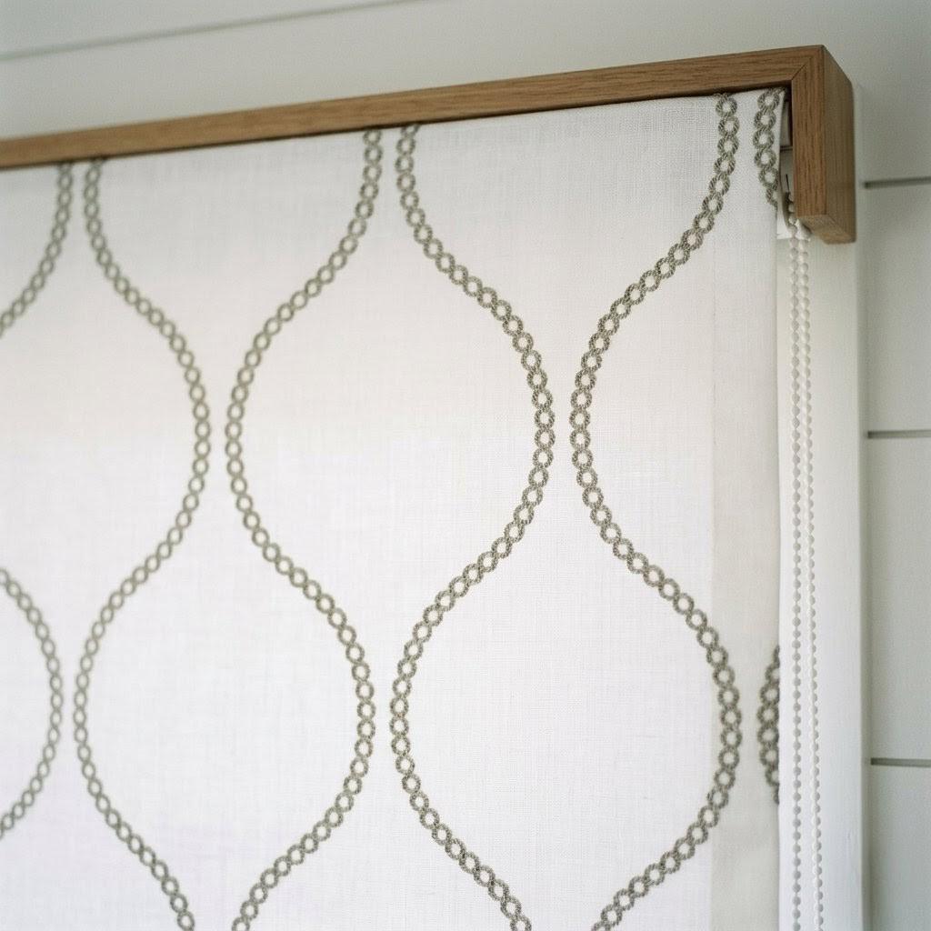 Ivory Linen Roman Shade, Taupe Embroidered Ogee Blind, Custom Corded Window Shade — image 10