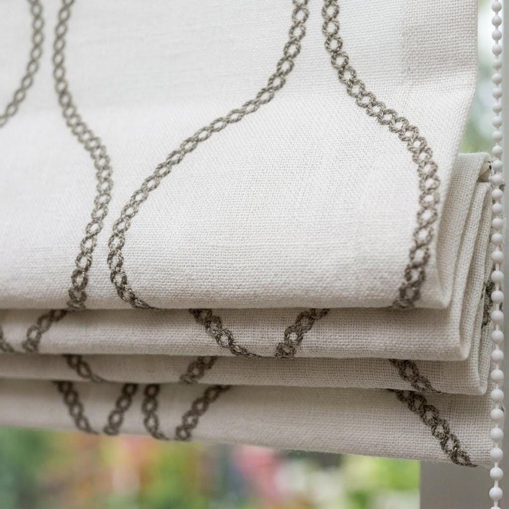 Ivory Linen Roman Shade, Taupe Embroidered Ogee Blind, Custom Corded Window Shade — image 4