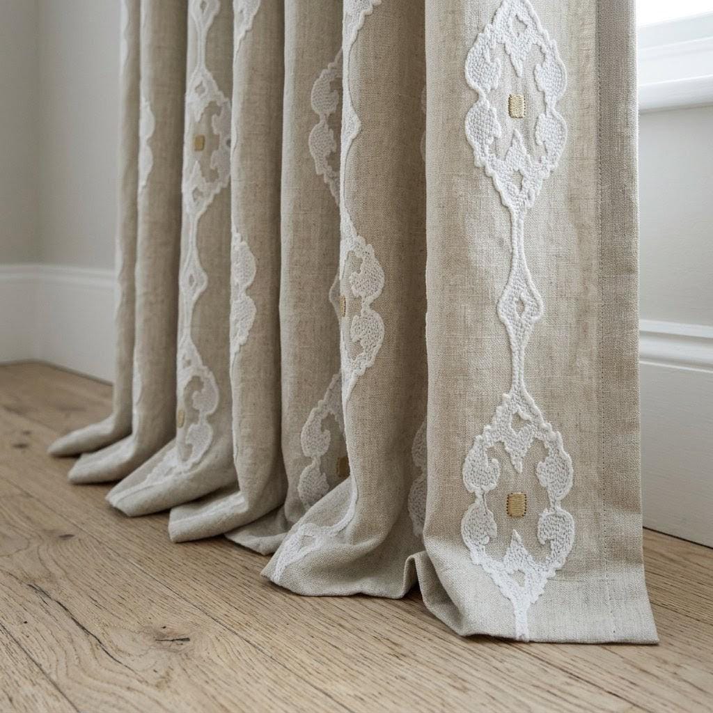 Natural Beige Linen Embroidered Curtains, Ivory Medallion Drapes, Custom Panels — image 3