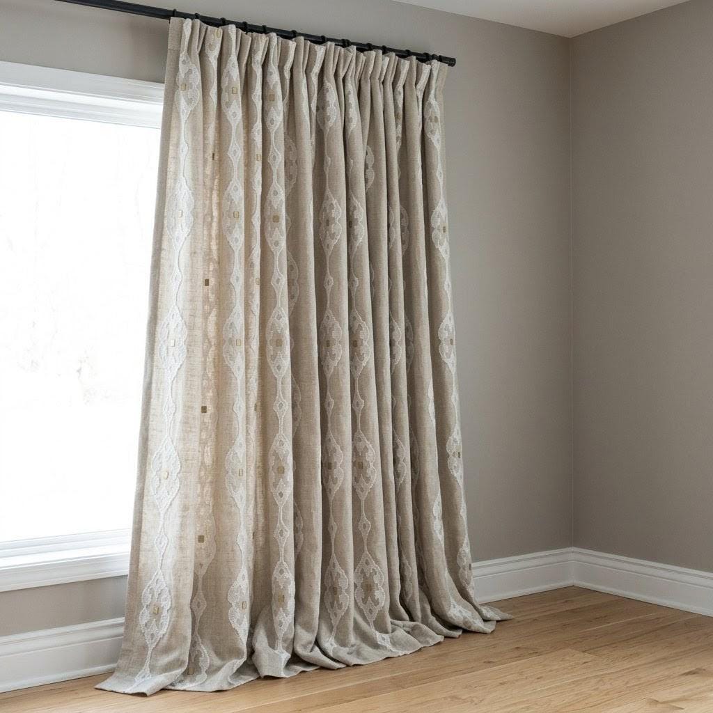 Natural Beige Linen Embroidered Curtains, Ivory Medallion Drapes, Custom Panels — image 1