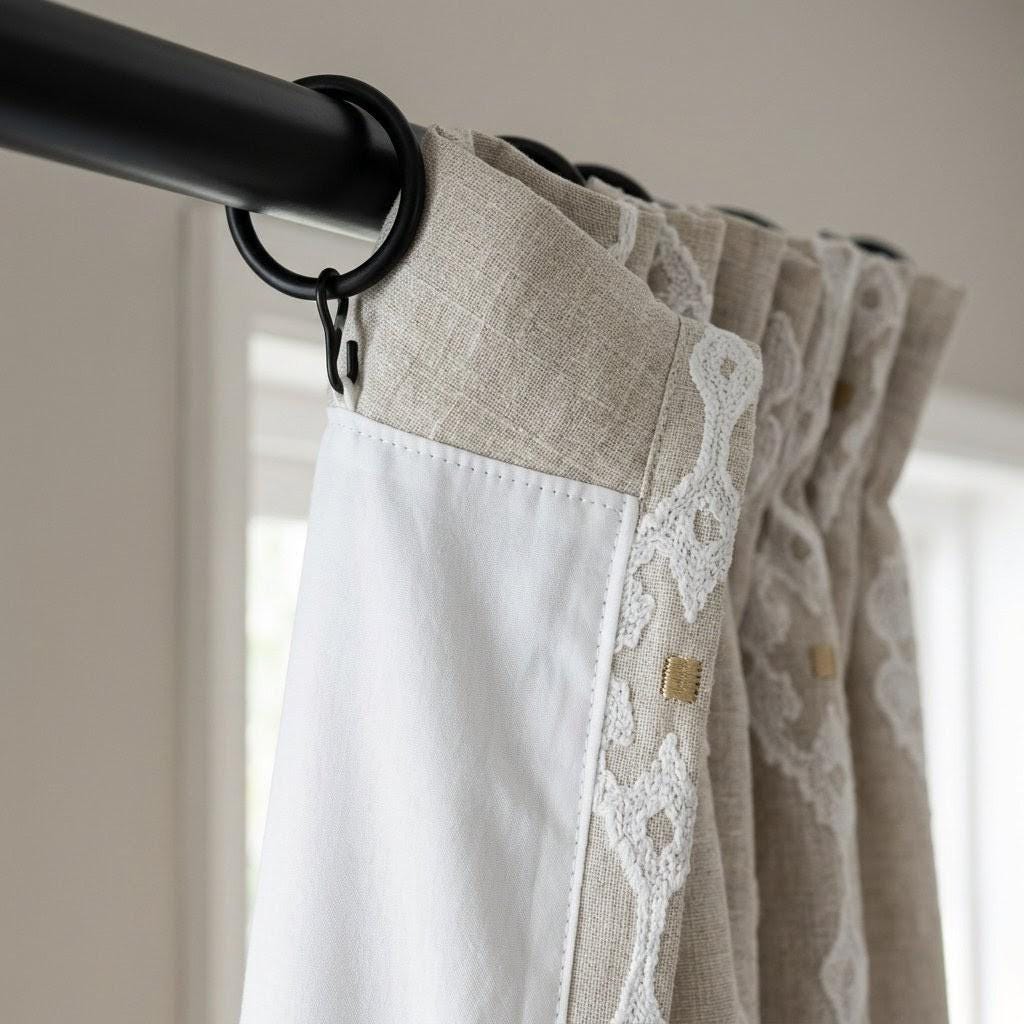 Natural Beige Linen Embroidered Curtains, Ivory Medallion Drapes, Custom Panels — image 8