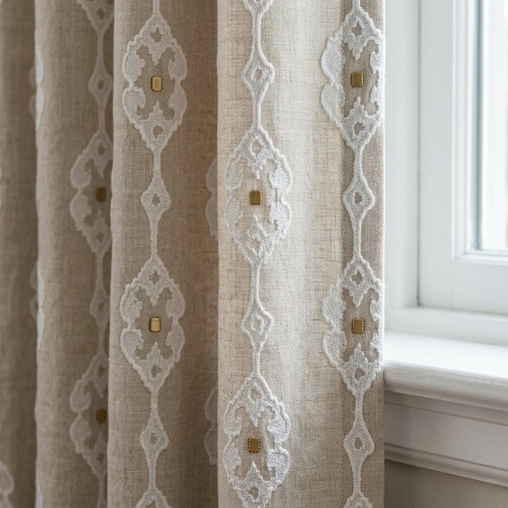 Natural Beige Linen Embroidered Curtains, Ivory Medallion Drapes, Custom Panels — image 1