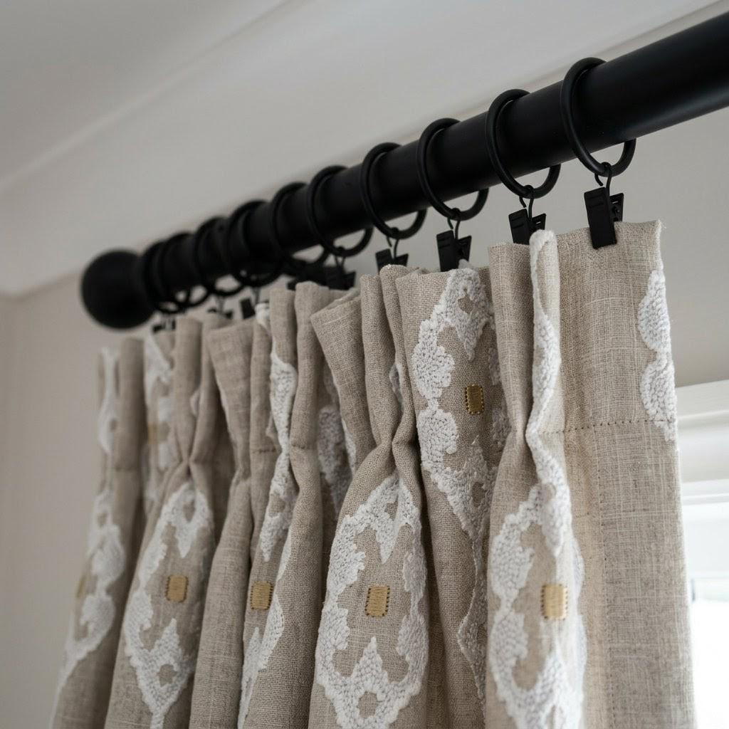 Natural Beige Linen Embroidered Curtains, Ivory Medallion Drapes, Custom Panels — image 9