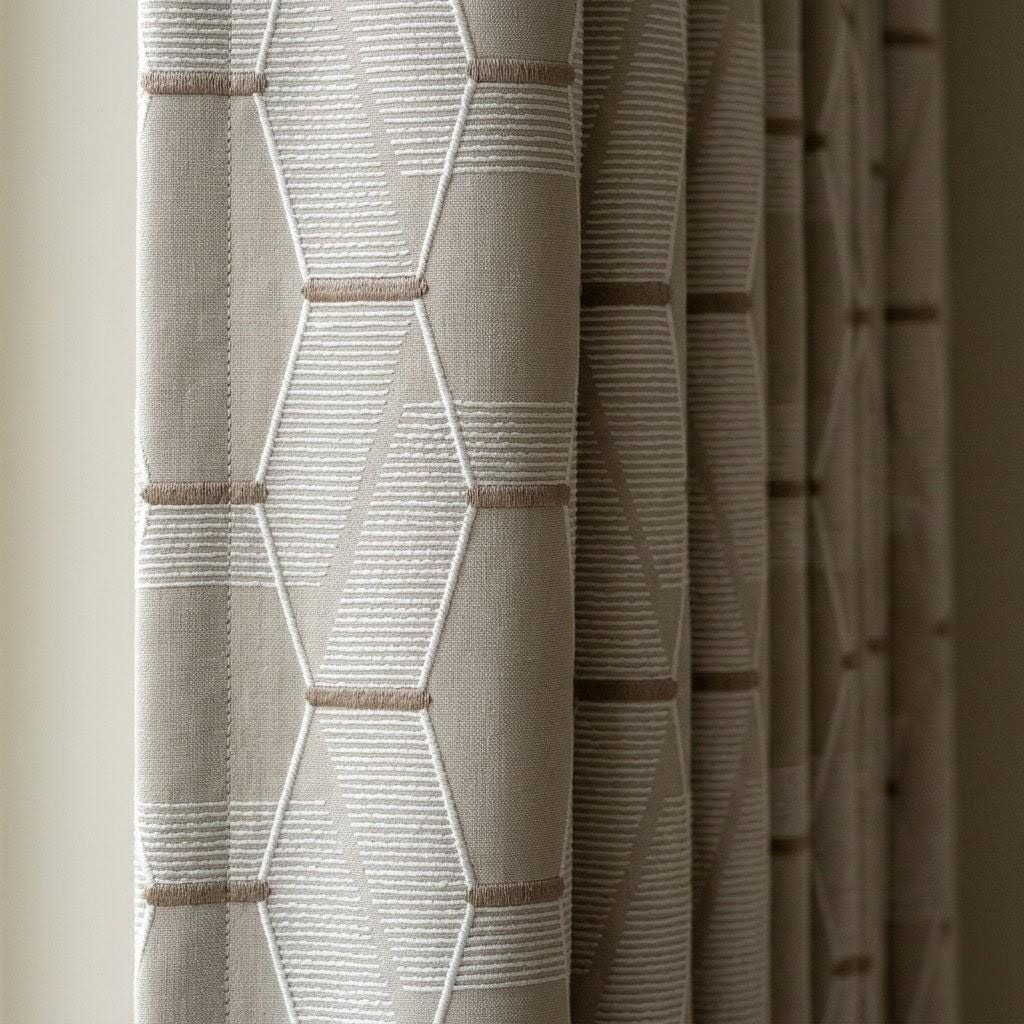 Embroidered Linen Curtains, Geometric Neutral Drapes, Custom Panels — image 1