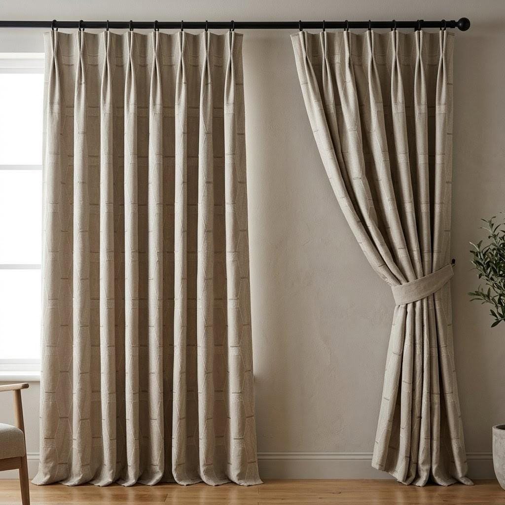 Embroidered Linen Curtains, Geometric Neutral Drapes, Custom Panels — image 6