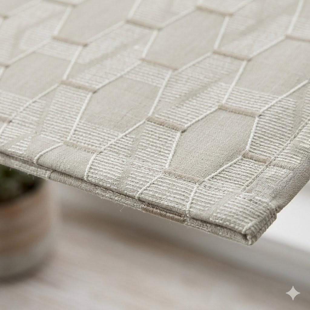 Embroidered Linen Roman Shade, Geometric Neutral Window Blind, Custom Corded Beige Ivory — image 9