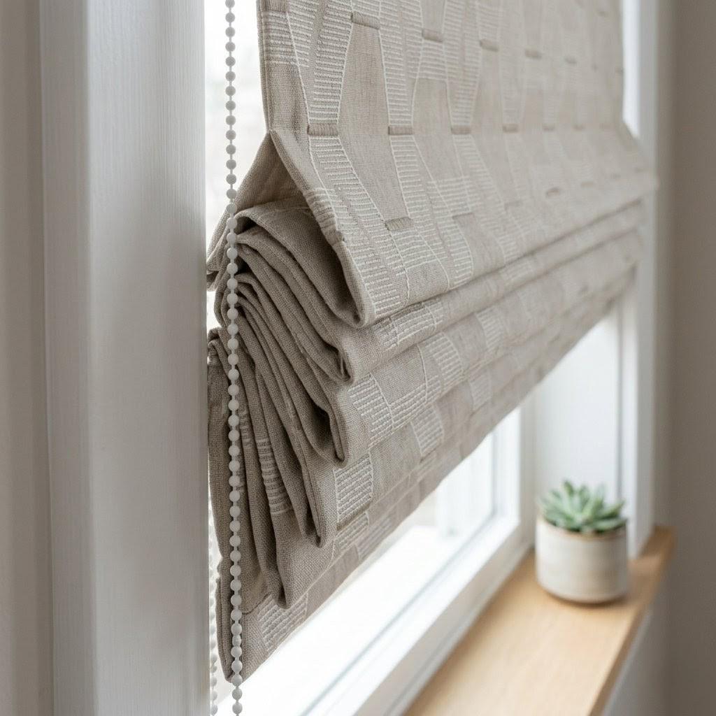 Embroidered Linen Roman Shade, Geometric Neutral Window Blind, Custom Corded Beige Ivory — image 6
