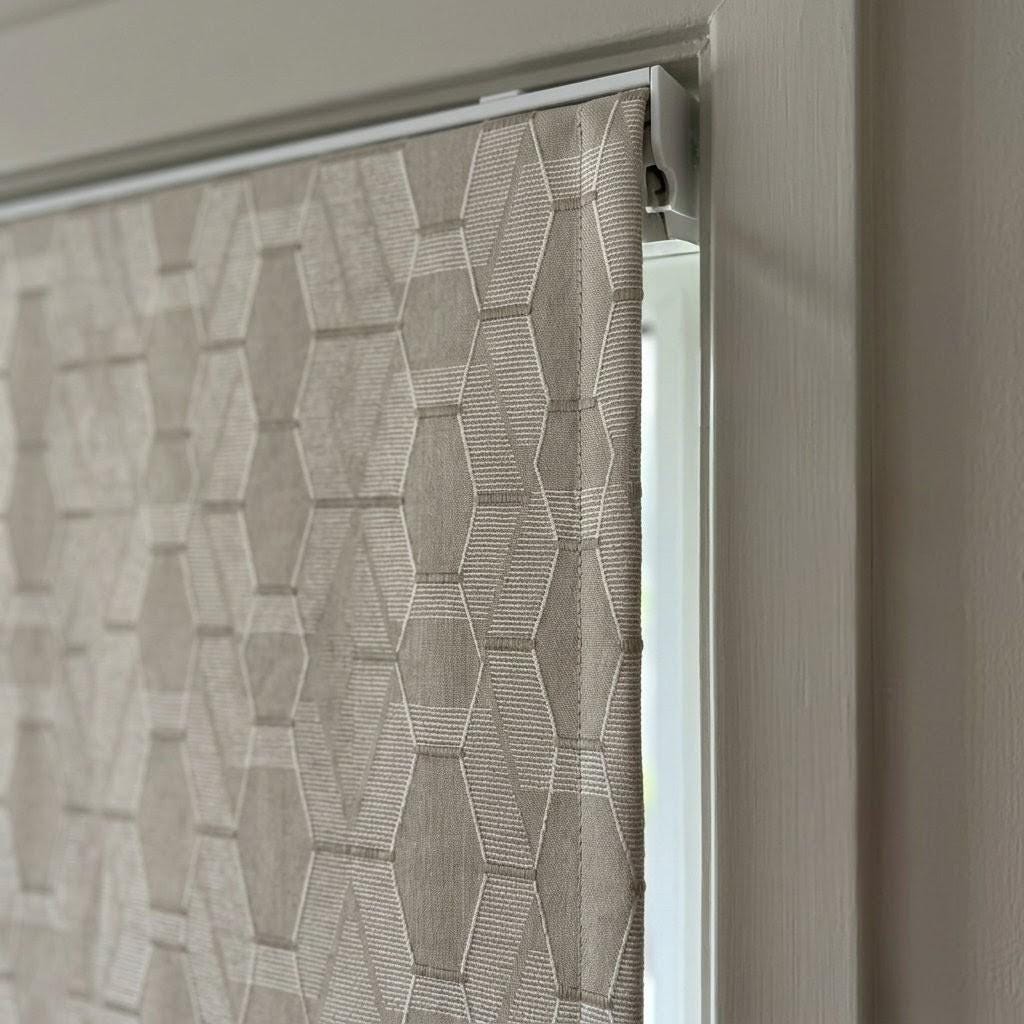 Embroidered Linen Roman Shade, Geometric Neutral Window Blind, Custom Corded Beige Ivory — image 5